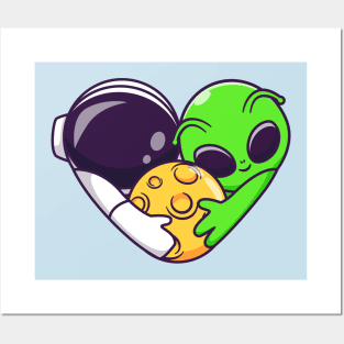 Cute Astronaut And Alien Couple Hug Moon Cartoon Posters and Art